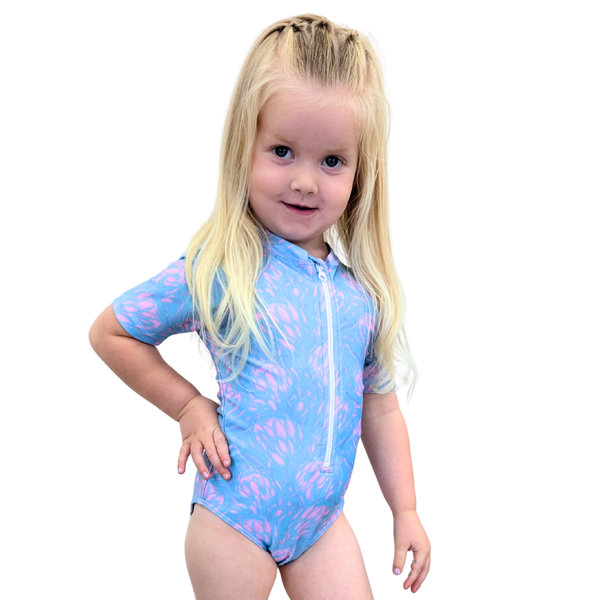 Short Sleeve Rash Guard One Piece Swimsuit (Girls)