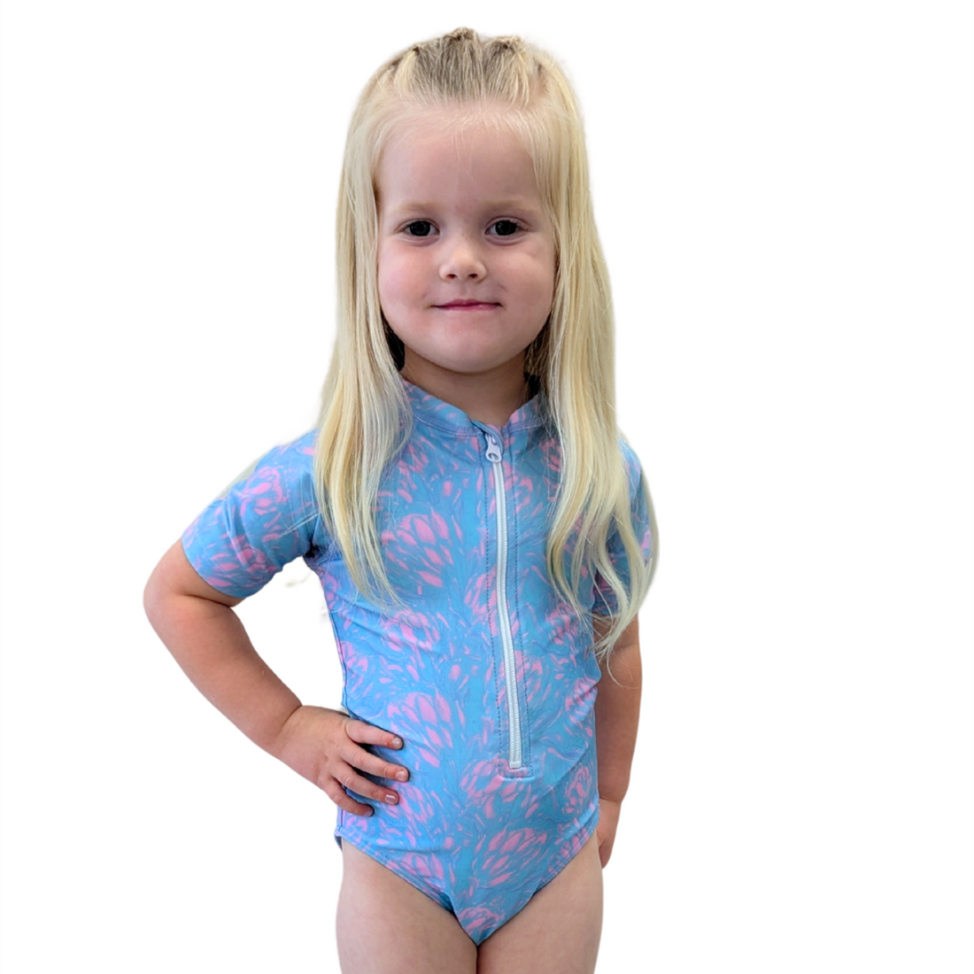 Short Sleeve Rash Guard One Piece Swimsuit (Girls), Pastel Floral / 10-11, alternate product image by Janela Bay