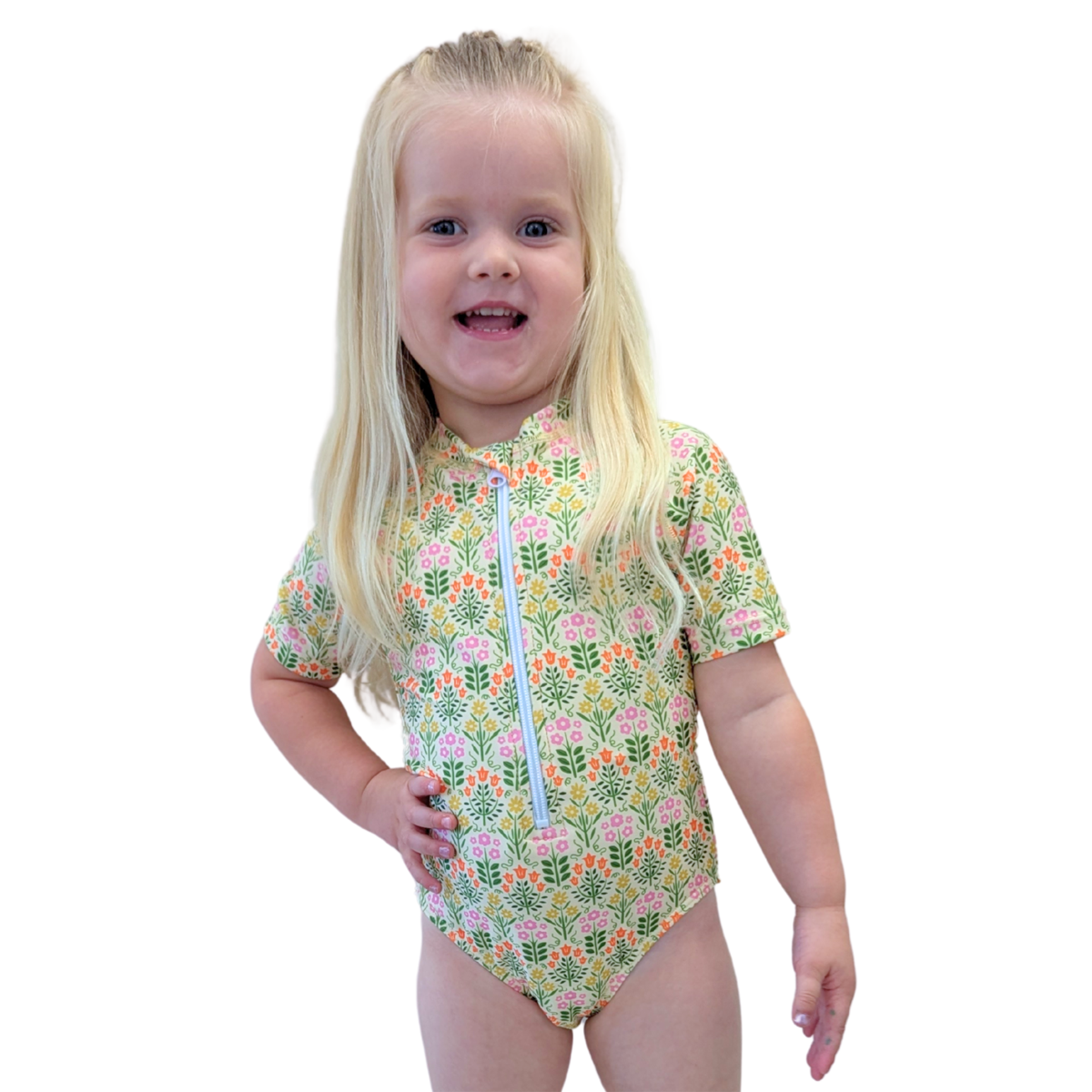 Short Sleeve Rash Guard One Piece Swimsuit (Girls)