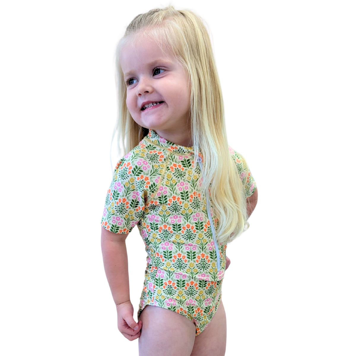 Short Sleeve Rash Guard One Piece Swimsuit (Girls)