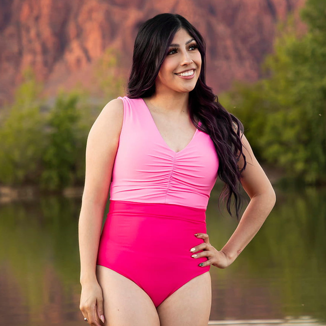 V Neck Gathered One Piece Swimsuit
