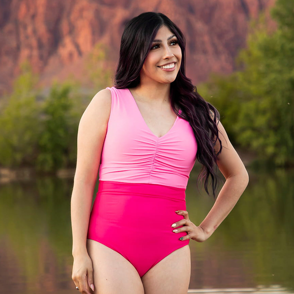 V Neck Gathered One Piece Swimsuit