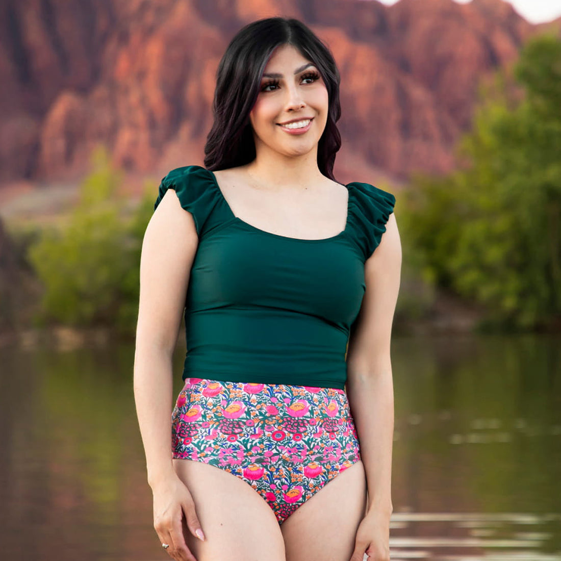 Puffy Sleeve Tankini Top, Palm Green / XS, main product image by Janela Bay