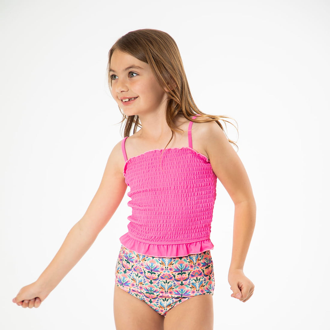 Smocked Tankini Top (Girls), Bright Pink / 2T, alternate product image by Janela Bay