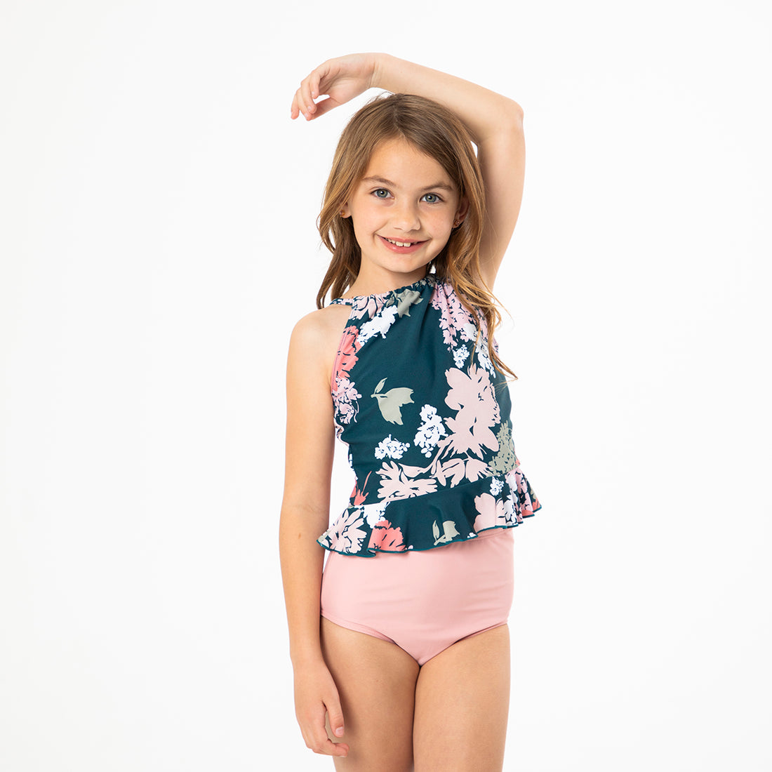 High Neck Peplum Tankini Top (Girls), Cancun Floral / Girls 2-3, main product image by Janela Bay