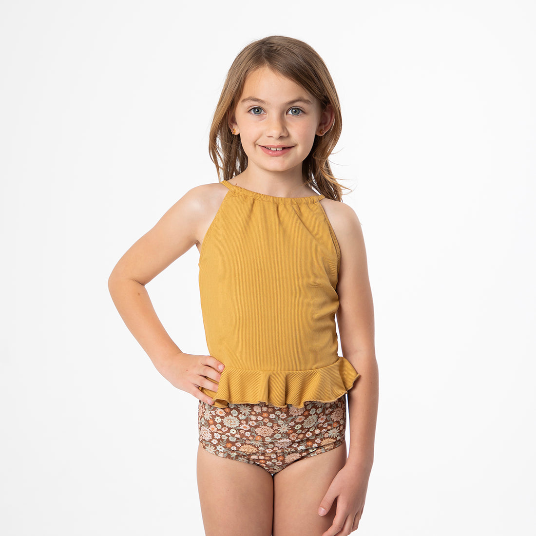 High Neck Peplum Tankini Top (Girls), Sundial Yellow Ribbed / Girls 2-3, main product image by Janela Bay