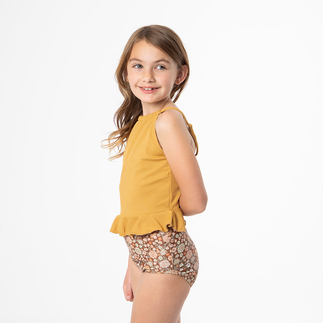 High Neck Peplum Tankini Top (Girls), Sundial Yellow Ribbed / Girls 2-3, alternate product image by Janela Bay