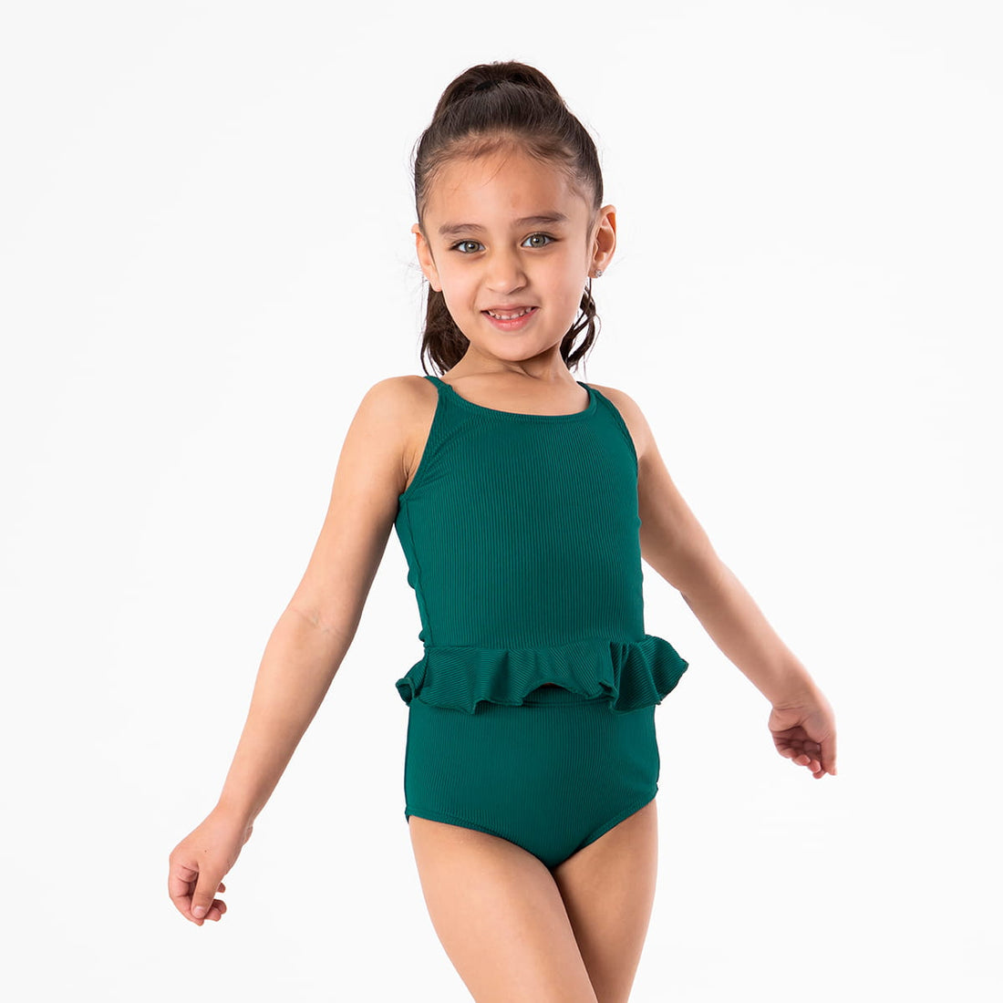 Scoop Neck Peplum Tankini Top (Girls), Emerald Green Ribbed / Girls 2-3, main product image by Janela Bay