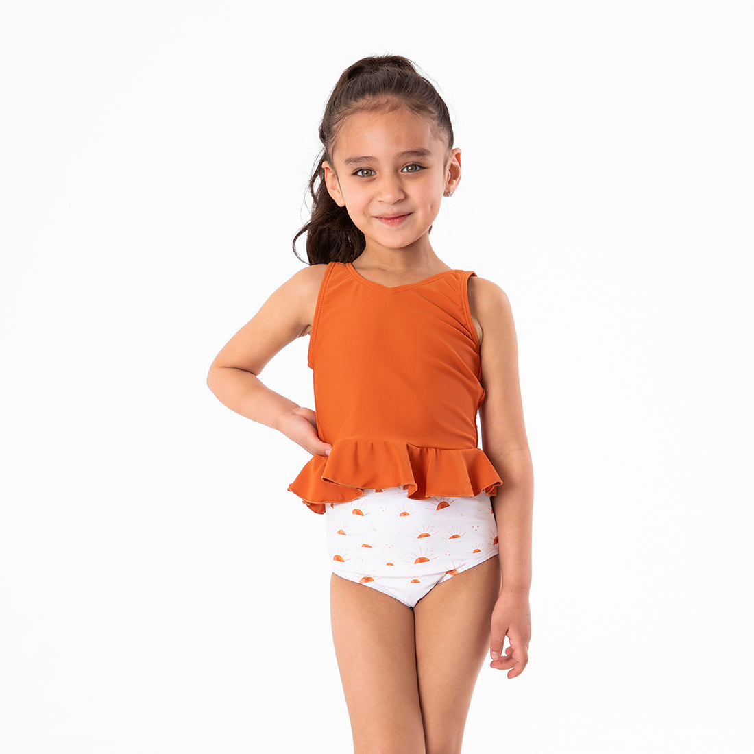 V Neck Peplum Tankini Top (Girls), Burnt Orange / Girls 2-3, main product image by Janela Bay