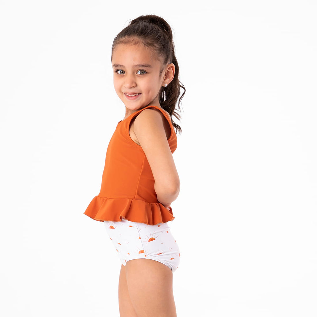 V Neck Peplum Tankini Top (Girls), Burnt Orange / Girls 2-3, alternate product image by Janela Bay