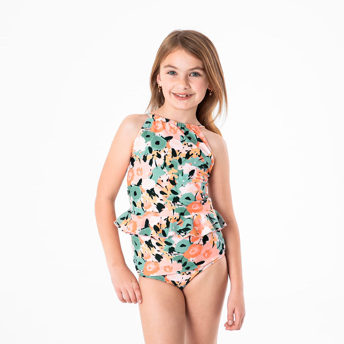 High Neck Peplum Tankini Top (Girls), Peachy Keen / Girls 2-3, main product image by Janela Bay