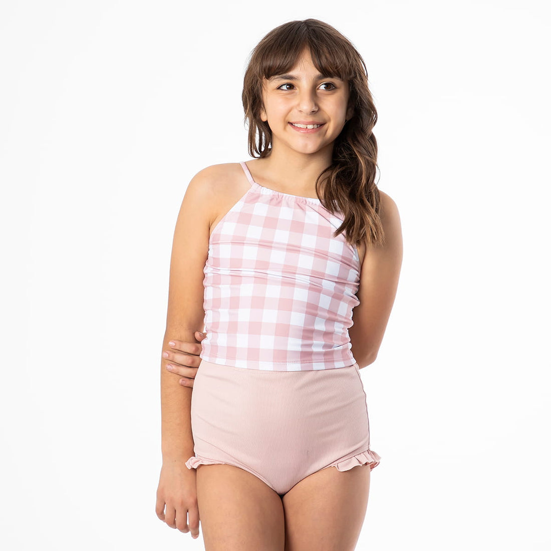 Leg Ruffle Bottoms (Girls), Light Pink Ribbed / Girls 8-9, main product image by Janela Bay