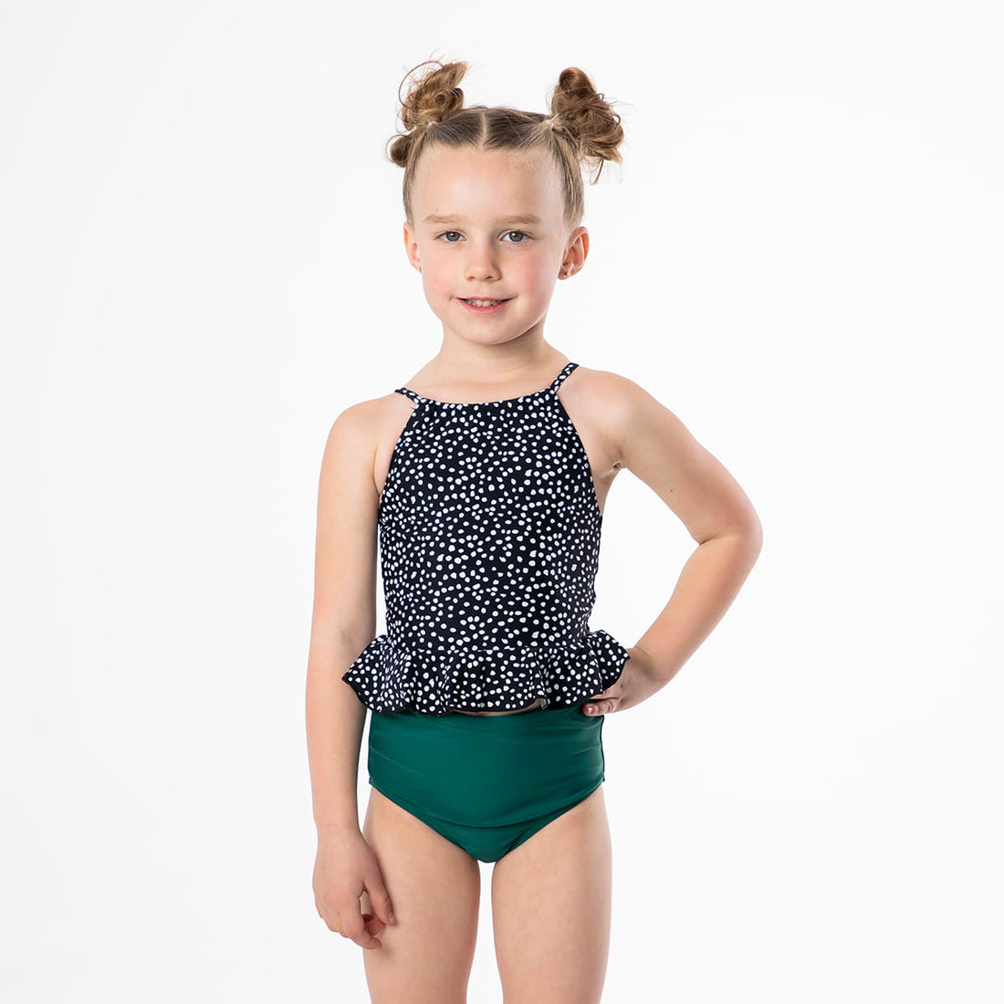 High Neck Peplum Tankini Top (Girls), Black Speckled / Girls 2-3, main product image by Janela Bay