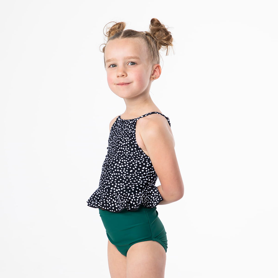 High Neck Peplum Tankini Top (Girls), Black Speckled / Girls 2-3, alternate product image by Janela Bay