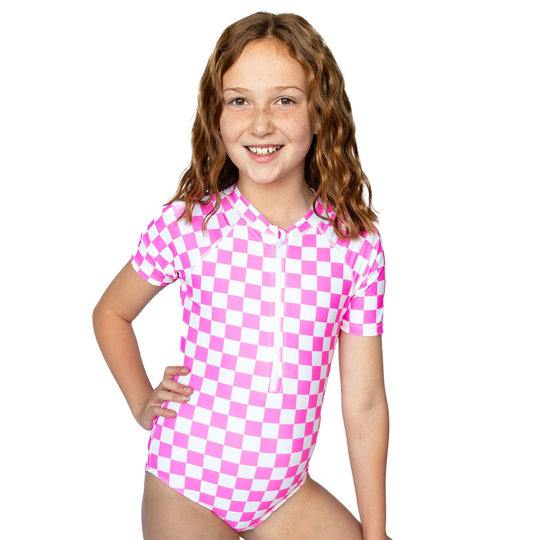 Short Sleeve Rash Guard One Piece Swimsuit (Girls), Mulberry Pink and Ivory Checkers / 3-6 Months, alternate product image by Janela Bay