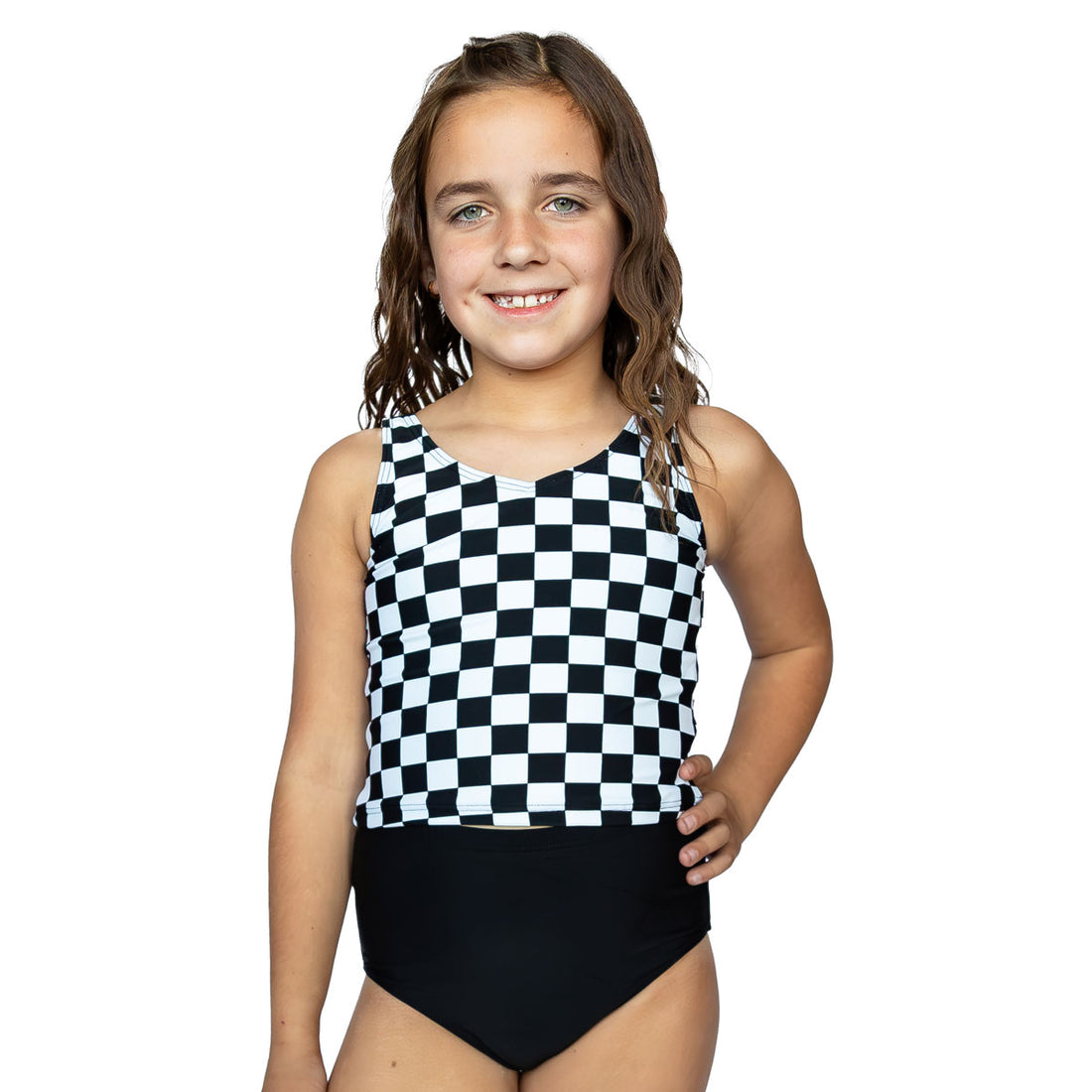 V Neck Tankini Top (Girls), Black and Ivory Checkers / 2T, alternate product image by Janela Bay