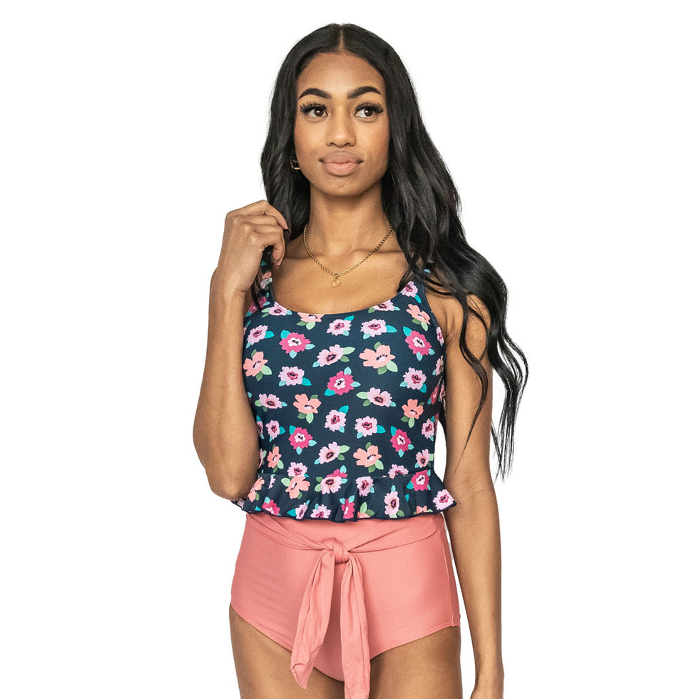 Scoop Neck Peplum Tankini Top | Modest Tankini Top - Janela Bay