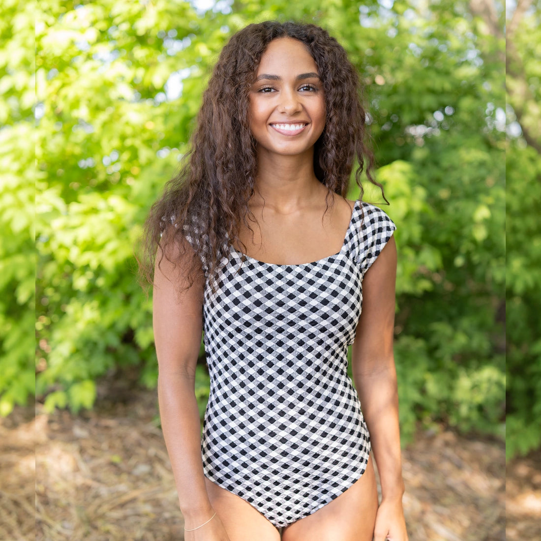 Drop Sleeve One Piece Swimsuit, Black Textured Gingham / XS, main product image by Janela Bay