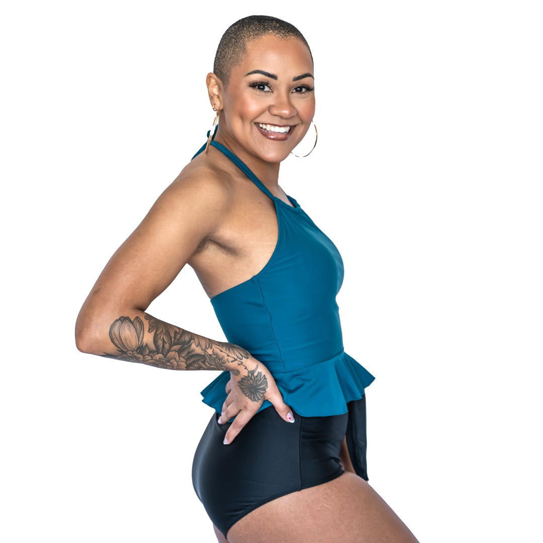High Neck Peplum Tankini Top, Dark Teal / XL, alternate product image by Janela Bay