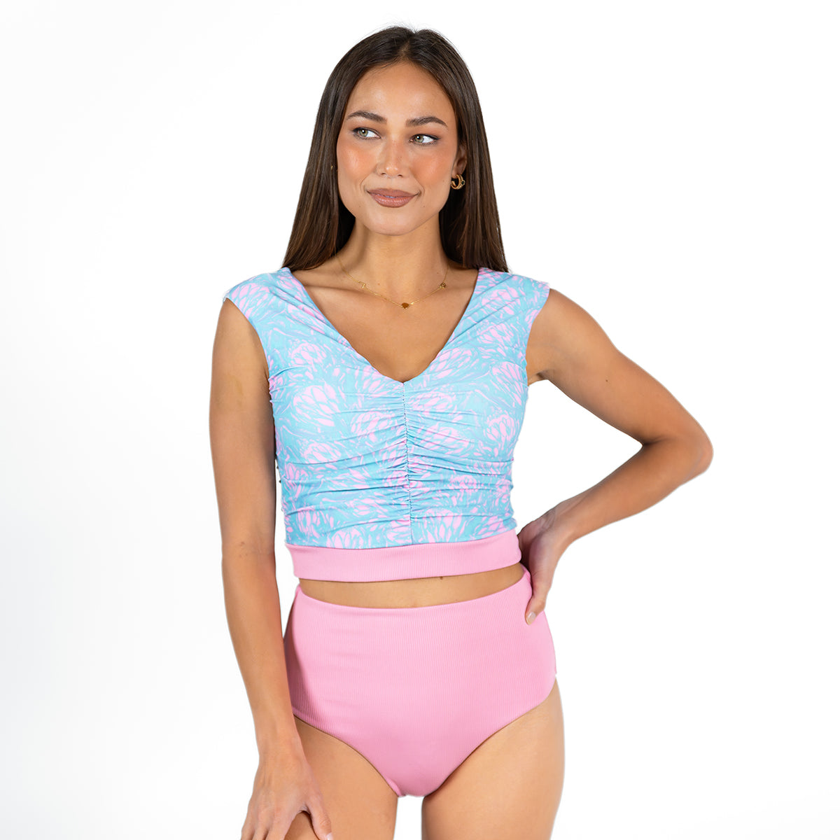 V Neck Gathered Tankini Top