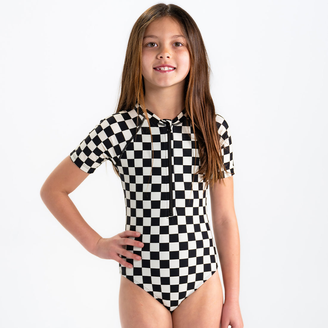 Short Sleeve Rash Guard One Piece Swimsuit (Girls)