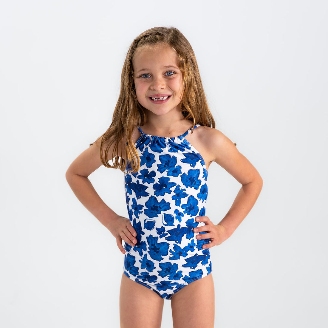 High Neck One Piece Swimsuit (Girls), Shoreline Floral / 3T, alternate product image by Janela Bay