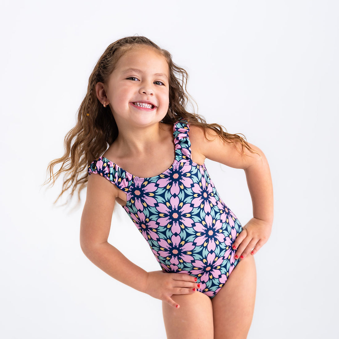 Puffy Sleeve One Piece Swimsuit (Girls), La Valencia Floral / 10-11, alternate product image by Janela Bay