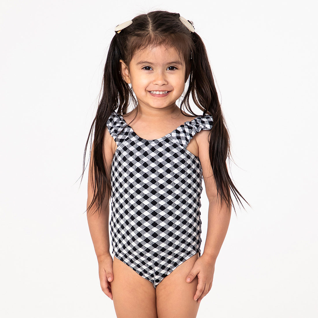 Puffy Sleeve One Piece Swimsuit (Girls), Black Textured Gingham / 2T, alternate product image by Janela Bay