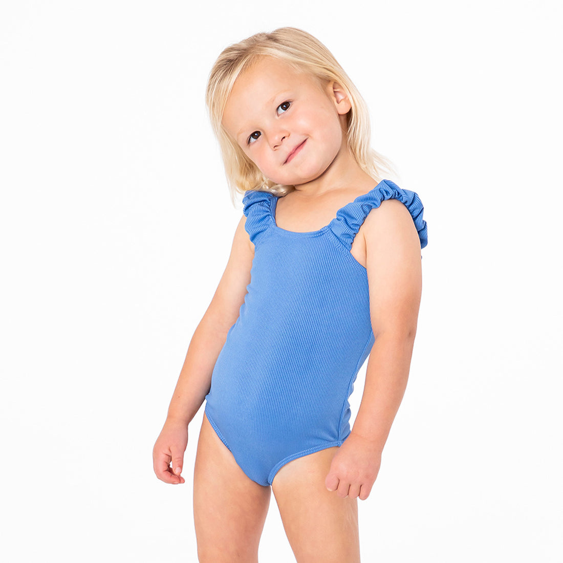 Puffy Sleeve One Piece Swimsuit (Girls), Stone Blue Ribbed / 2T, alternate product image by Janela Bay