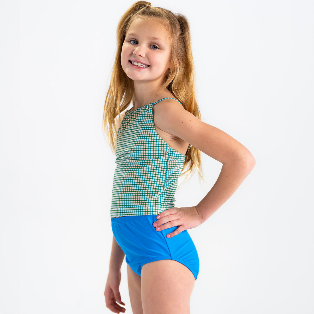 High Neck Crop Tankini Top (Girls), Green Blue Mini Plaid / 2T, alternate product image by Janela Bay