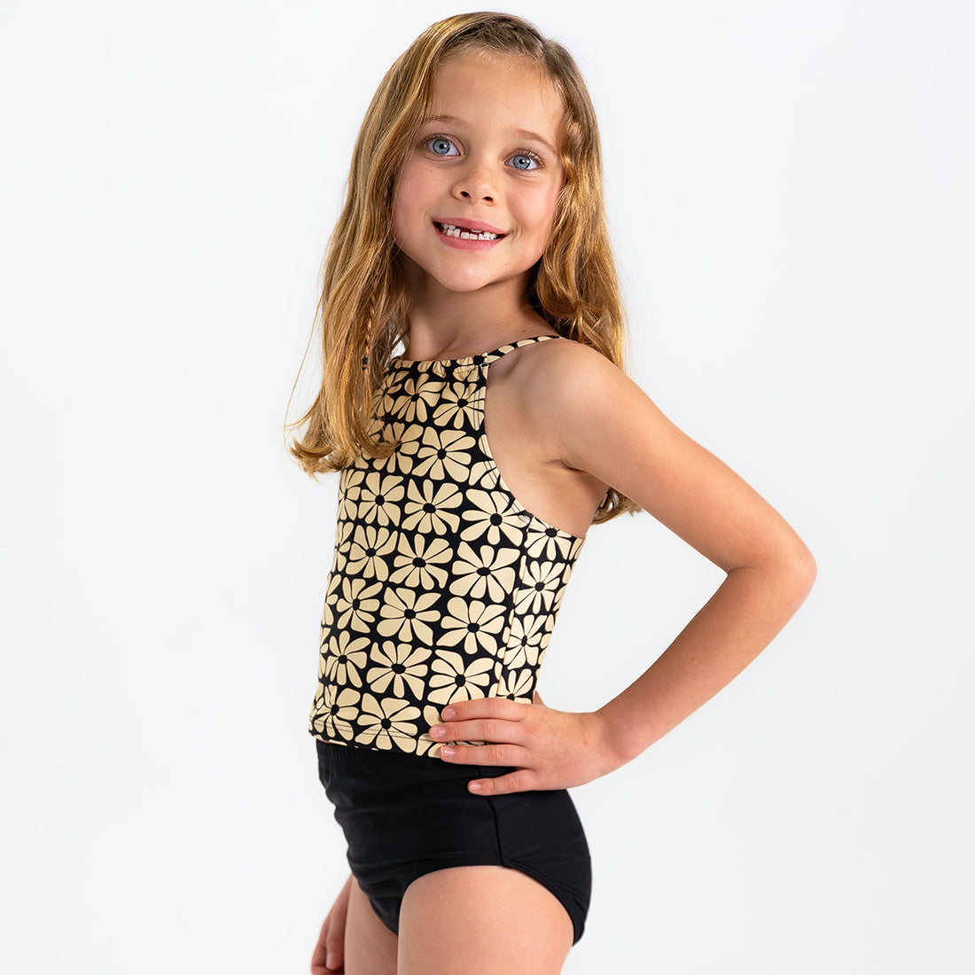 High Neck Crop Tankini Top (Girls), Cream Square Floral / 2T, alternate product image by Janela Bay