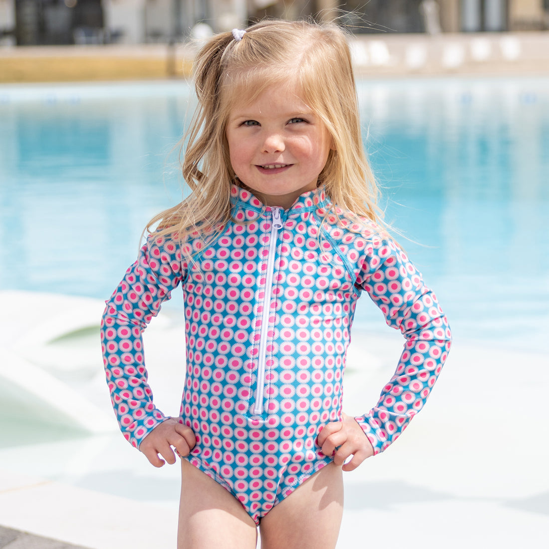 Long Sleeve Rash Guard One Piece Swimsuit (Girls), Sunburst / 2T, alternate product image by Janela Bay