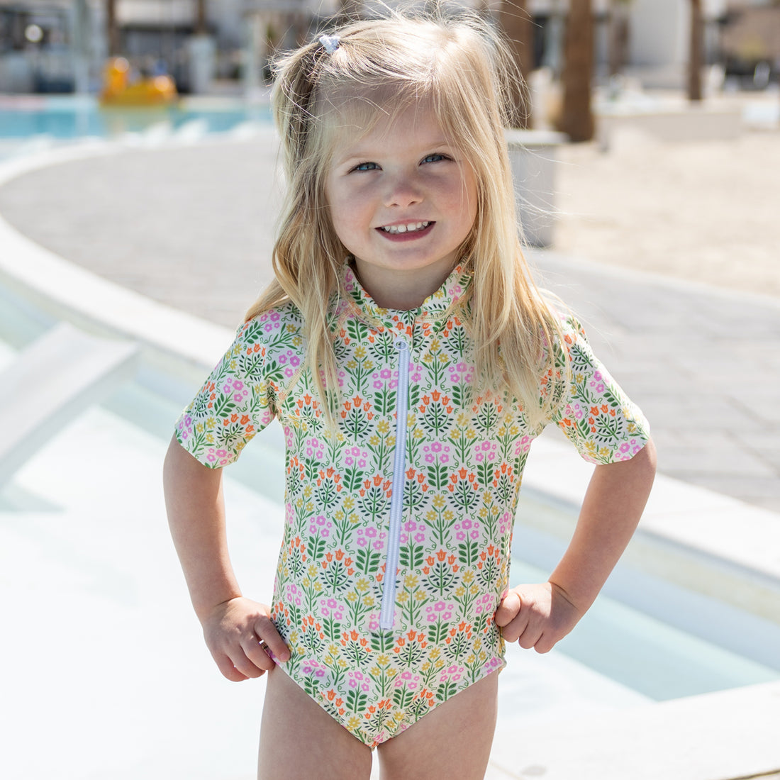 Short Sleeve Rash Guard One Piece Swimsuit (Girls), English Garden Floral / 3-6 Months, alternate product image by Janela Bay