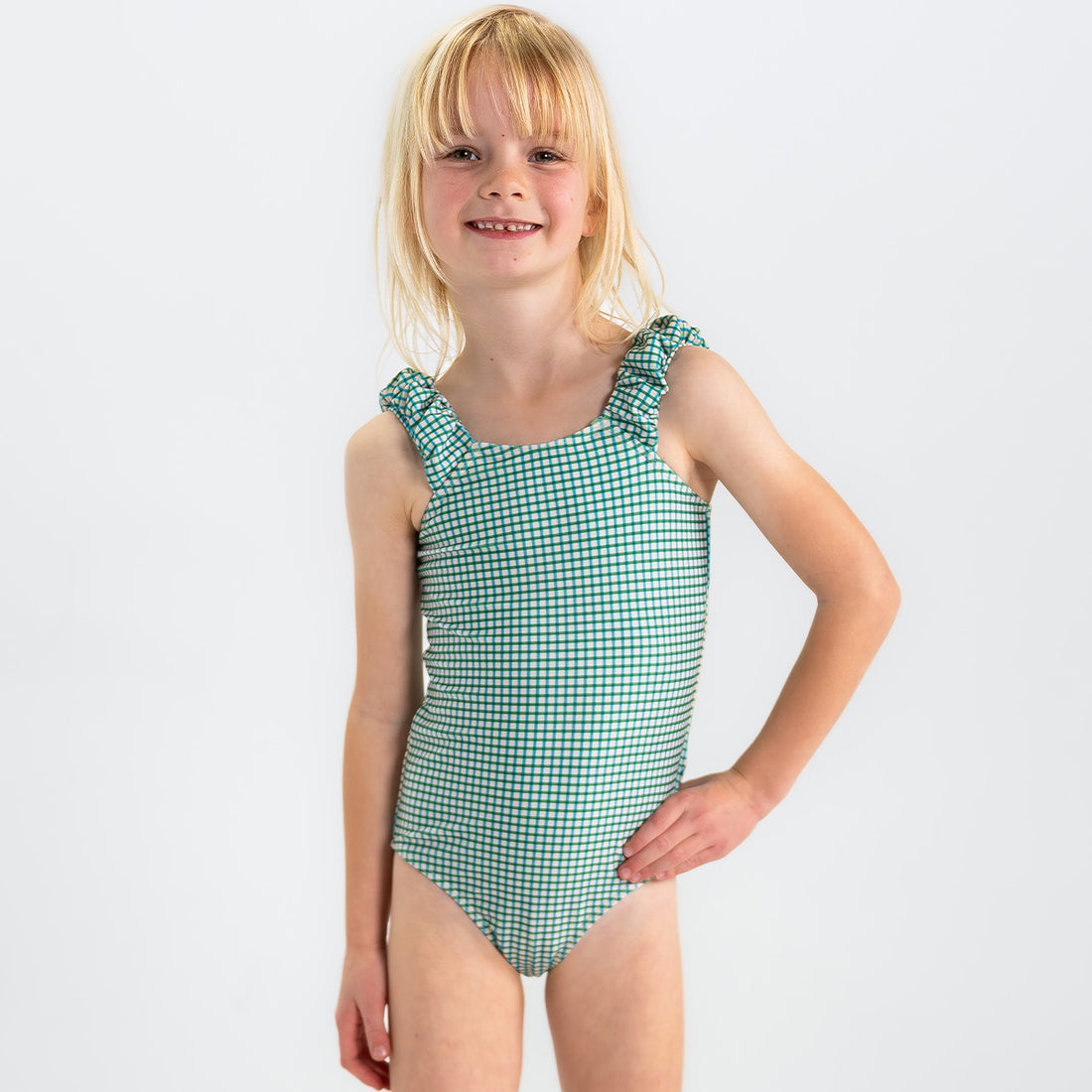 Puffy Sleeve One Piece Swimsuit (Girls), Green Blue Mini Plaid / 10-11, alternate product image by Janela Bay