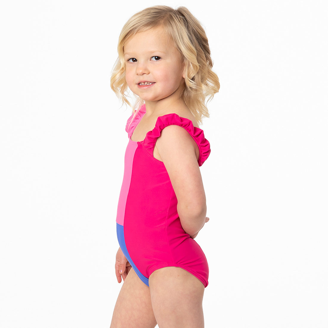 Puffy Sleeve One Piece Swimsuit (Girls), Fuchsia Color Block / 2T, alternate product image by Janela Bay
