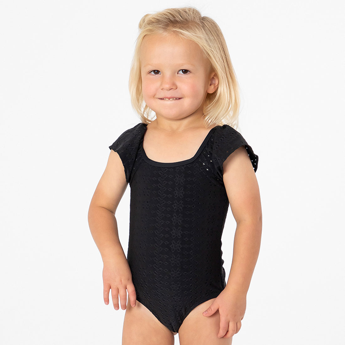 Ruffle Sleeve One Piece (Girls), Black Eyelet / 2T, alternate product image by Janela Bay