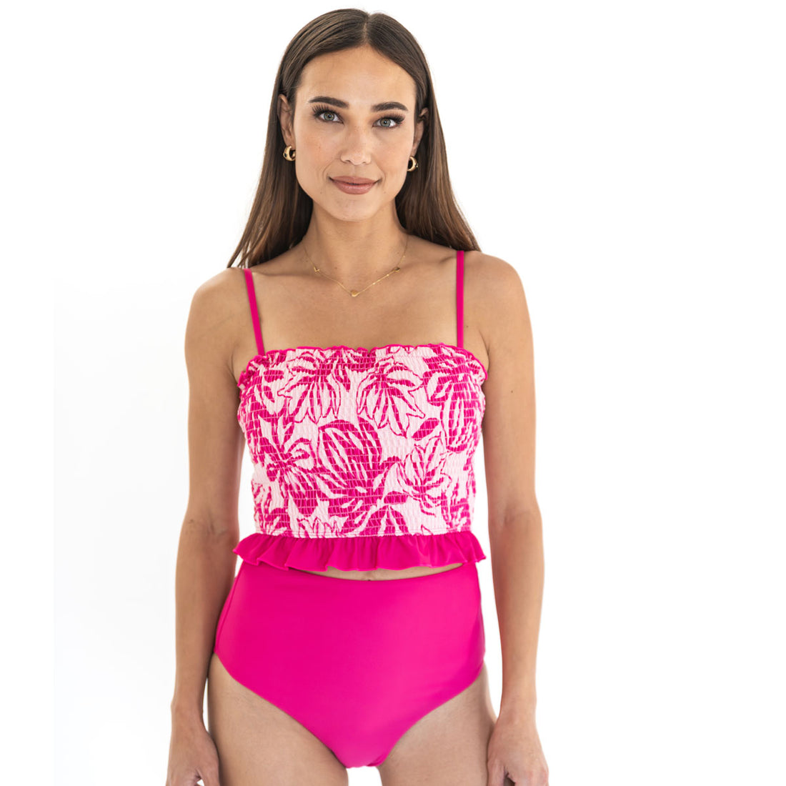 Smocked Mini Ruffle Tankini Top, Pink Palm / XXS, alternate product image by Janela Bay