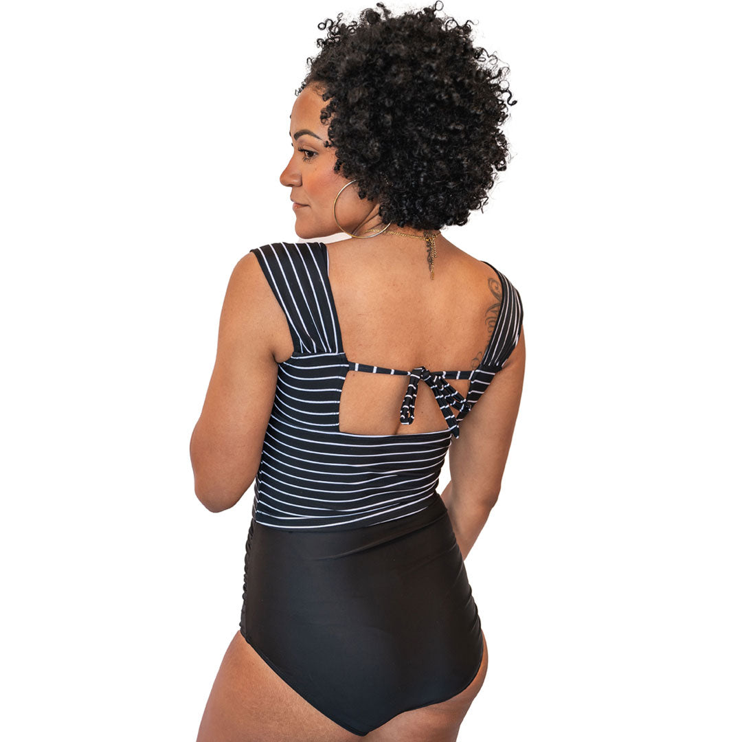 Striped Zipper Closure Wide Strap Tankini Set